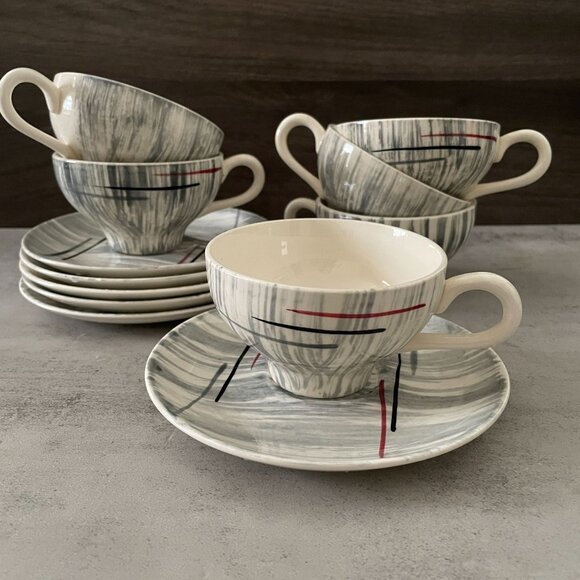 Vintage MCM Hiawatha Prim Rose Atomic Stetson China Six Tea Cups Saucers Sets - Picture 1 of 7